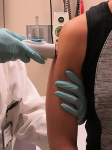 A healthy volunteer receives the NIAID Zika virus investigational DNA vaccine as part of an early-stage trial to test the vaccine’s safety and immunogenicity. This is the first administration of this vaccine in a human. (Image: NIH)