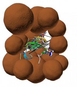 Schematic image of thrombolytic drug nanoparticles. The enzyme is surrounded by magnetite framework. (Image credit: ITMO University)
