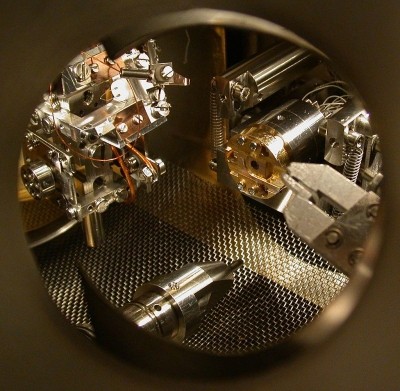 A scanning tunneling microscope looks at surfaces at the atomic level