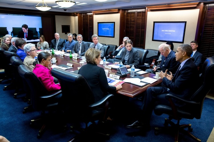 President Barack Obama convenes a meeting on the Zika virus, in the Situation Room of the White House, Jan. 26, 2016. (Official White House Photo by Pete Souza)