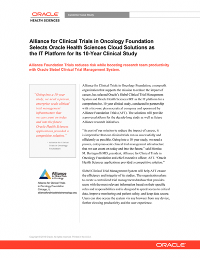 Alliance for Clinical Trials in Oncology Foundation Selects Oracle Health Sciences Cloud Solutions
