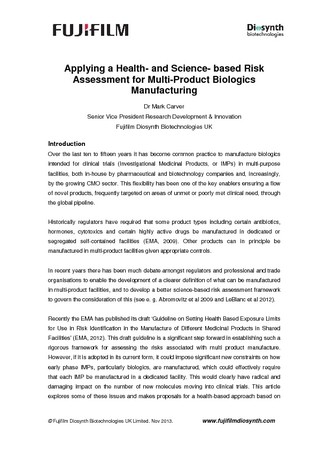 Applying a Health- and Science- based Risk Assessment for Multi-Product Biologics manufacturing
