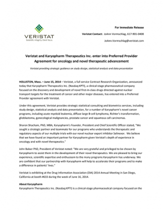 Veristat and Karyopharm Therapeutics Inc. Agreement