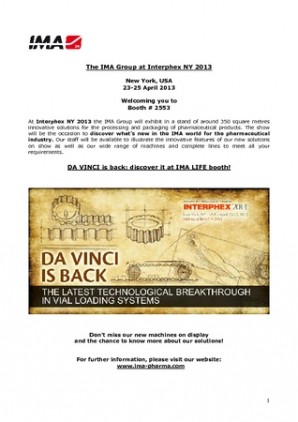 IMA welcomes you to Interphex NY 2013 - DA VINCI is back: discover it at IMA LIFE booth!